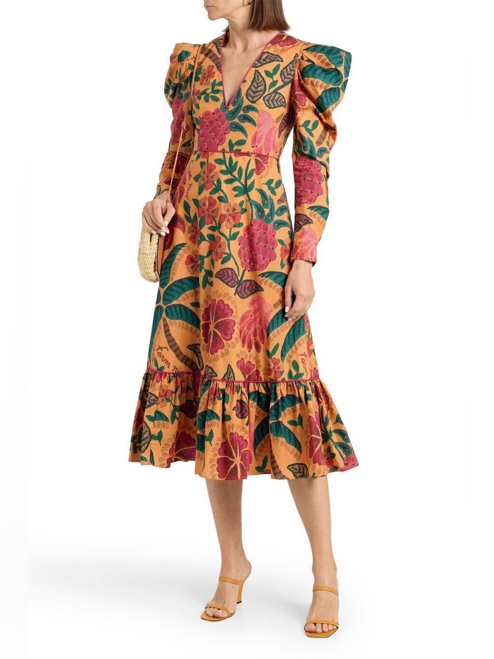 Farm Rio Floral Puff Sleeve Midi Dress